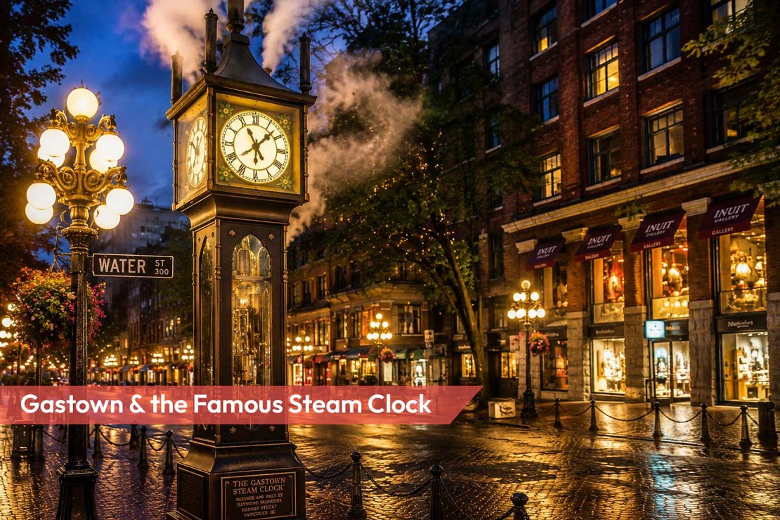 Explore the charm of Gastown, Vancouver with the Dreamscape Tour Package featuring historic landmarks, cobblestone streets, and vibrant city culture.
