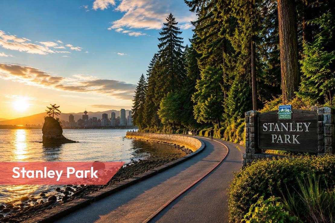 Explore the natural beauty of Stanley Park, Vancouver with the Dreamscape Tour Package featuring waterfront trails, forests, and iconic city views.